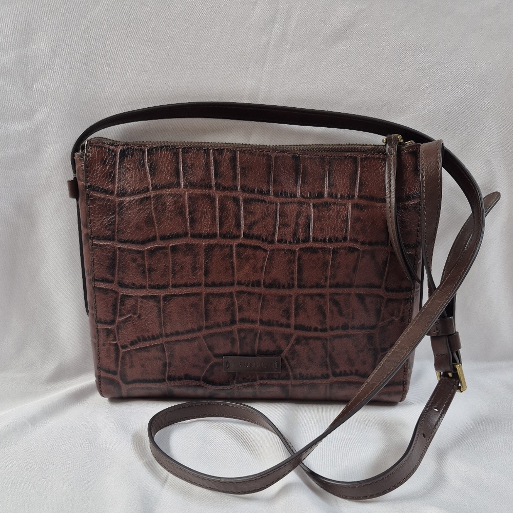 FOSSIL Brown Croc Embossed Leather Adjustable Crossbody Shoulder Bag Purse